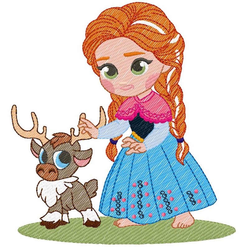 May include: An embroidered design of a cartoon character with red hair and a blue dress, alongside a reindeer. The character has a pink cape and green eyes. The reindeer is brown with large blue eyes and antlers.
