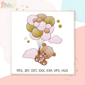 Op de afbeelding: Geborduurd ontwerp met een teddybeer die met ballonnen zweeft. De beer is bruin met een strik, en houdt een tros gouden en roze ballonnen vast. Het ontwerp bevat sterren en wolken. Tekst onderaan: PES, JEF, DST, XXX, EXP, VP3, HUS.