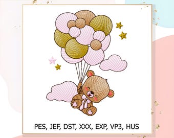 Teddy Bear with Balloons Embroidery Design – 3 Sizes – pes, jef, dst, xxx, exp, vp3, hus