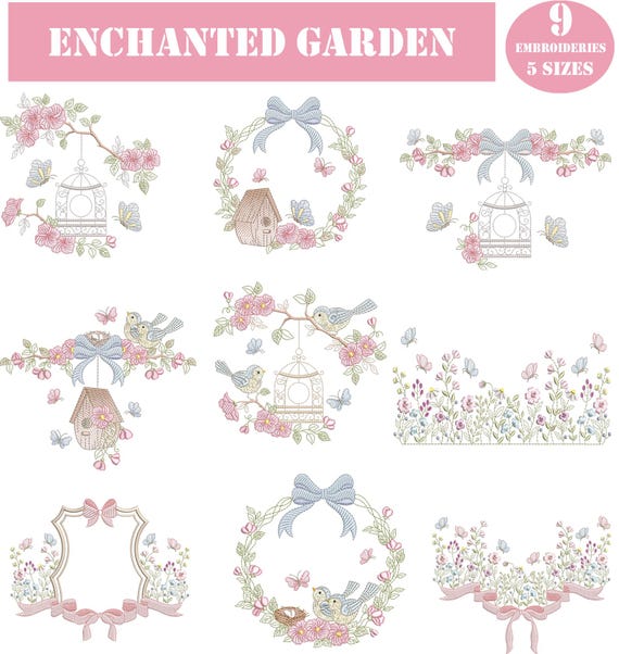 Enchanted Garden Embroidery Designs Set | Floral Wreath Birds Butterflies | Vintage Machine Embroidery | Spring Garden Embroidery Files