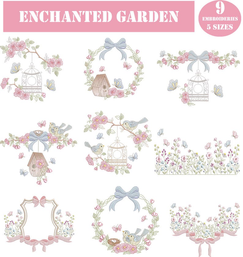 Puede incluir: Una colecci&oacute;n de nueve dise&ntilde;os de bordado en cinco tama&ntilde;os, con motivos florales y de aves. Los dise&ntilde;os incluyen casas para p&aacute;jaros, jaulas, mariposas, lazos y arreglos florales en rosa, azul y verde. El texto "ENCHANTED GARDEN" se muestra en la parte superior.