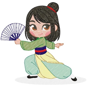 May include: Embroidered image of a cartoon character in a martial arts pose, holding a fan. The character wears a green and yellow outfit with a red and blue sash. The character has black hair and is on a white background.