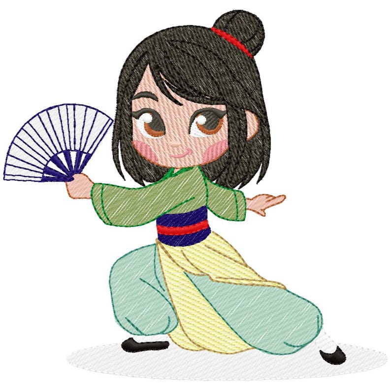 May include: Embroidered image of a cartoon character in a martial arts pose, holding a fan. The character wears a green and yellow outfit with a red and blue sash. The character has black hair and is on a white background.