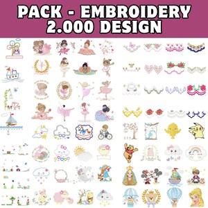 Pode incluir: Uma coleção de desenhos de bordado com vários temas, incluindo bailarinas, animais e padrões florais. Os desenhos são em cores pastel suaves e incluem o texto "PACK - EMBROIDERY 2.000 DESIGN" no topo.