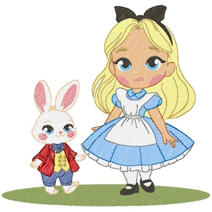 May include: An embroidered design featuring Alice in Wonderland and the White Rabbit. Alice wears a blue dress with a white apron and a black bow. The White Rabbit is in a red jacket and blue trousers, standing on a green surface.