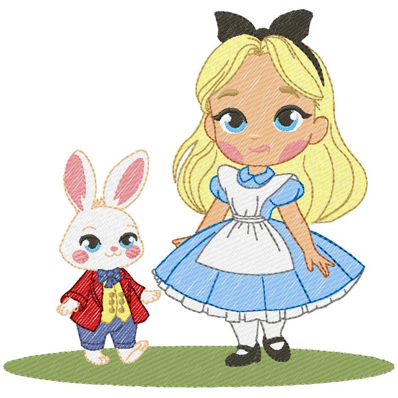 May include: An embroidered design featuring Alice in Wonderland and the White Rabbit. Alice wears a blue dress with a white apron and a black bow. The White Rabbit is in a red jacket and blue trousers, standing on a green surface.