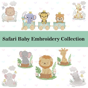 Op de afbeelding: Een verzameling borduurontwerpen voor baby's met een safarithema. De afbeelding toont geborduurde leeuwen, olifanten, giraffen en andere dieren. De tekst "Safari Baby Embroidery Collection" wordt in het midden van de afbeelding weergegeven.