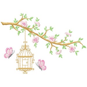 Puede incluir: Dise&ntilde;o bordado con una jaula dorada suspendida de una rama con flores rosas y hojas verdes. Tambi&eacute;n hay dos mariposas rosas con alas estampadas. El dise&ntilde;o est&aacute; sobre un fondo blanco.
