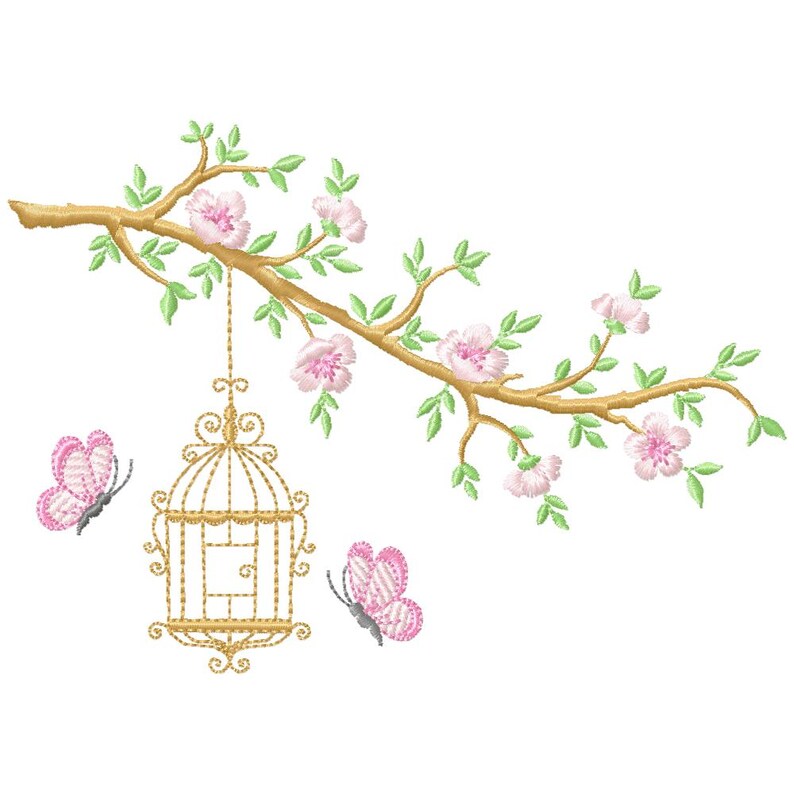 Puede incluir: Dise&ntilde;o bordado con una jaula dorada suspendida de una rama con flores rosas y hojas verdes. Tambi&eacute;n hay dos mariposas rosas con alas estampadas. El dise&ntilde;o est&aacute; sobre un fondo blanco.
