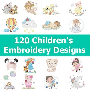 May include: A selection of 120 children's embroidery designs. The designs feature adorable animals, a hot air balloon, a baby, a cloud, and a girl with a hat. The designs are in various colours and styles, ideal for children's projects.
