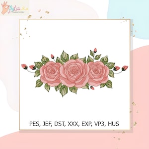 Pode incluir: Um desenho bordado com três rosas cor-de-rosa com folhas e botões verdes. O desenho está sobre um fundo branco com uma borda dourada. O texto "PES, JEF, DST, XXX, EXP, VP3, HUS" está na parte inferior.