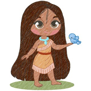 May include: A cartoon illustration of a Native American girl with long brown hair, wearing a tan dress and a turquoise necklace. She is holding a blue bird in her hand. The image has a stitched texture.