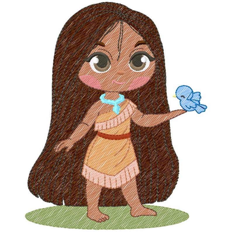May include: A cartoon illustration of a Native American girl with long brown hair, wearing a tan dress and a turquoise necklace. She is holding a blue bird in her hand. The image has a stitched texture.