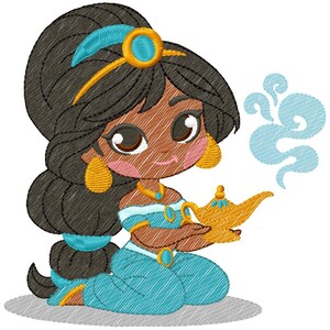 May include: A cartoon illustration of a princess with dark hair, wearing a teal outfit and gold jewellery. She is holding a golden lamp, with blue smoke emanating from it. The image has a textured, embroidered appearance.