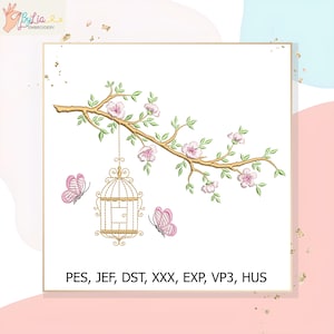 Pode incluir: Um desenho de bordado com um galho com flores rosa e folhas verdes, uma gaiola suspensa e duas borboletas. O desenho inclui o texto "PES, JEF, DST, XXX, EXP, VP3, HUS".