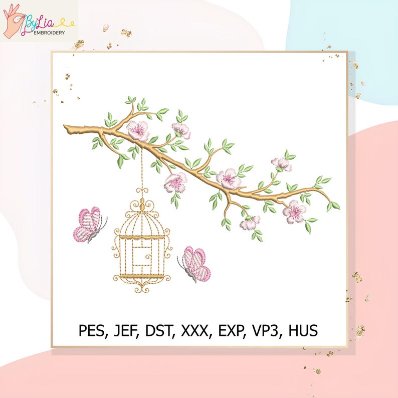 Puede incluir: Un dise&ntilde;o de bordado que presenta una rama con flores rosas y hojas verdes, una jaula colgante y dos mariposas. El dise&ntilde;o incluye el texto "PES, JEF, DST, XXX, EXP, VP3, HUS".
