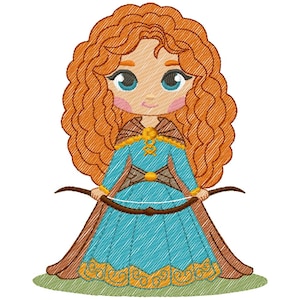 May include: A cartoon illustration of a character with red curly hair, blue eyes, and a teal dress. The character is holding a bow and arrow. The dress has gold trim and a brown cape.