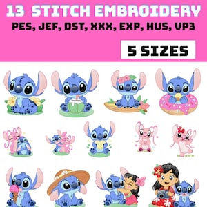 May include: A collection of 13 Stitch embroidery designs in various poses and settings, including Stitch with flowers, a coconut drink, and a donut. The image includes the text "13 STITCH EMBROIDERY" and "5 SIZES".