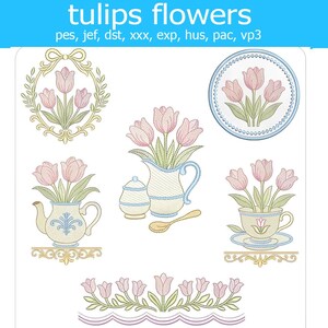 Diseño de bordado de tulipanes | Bordado floral a máquina | Diseños vintage de tulipanes