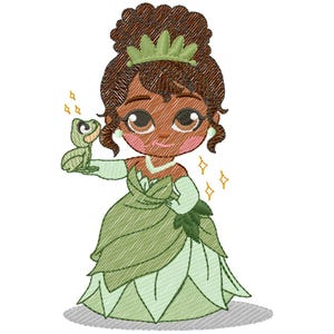May include: An embroidered cartoon princess in a green dress, holding a small green frog. The princess has brown hair, a green crown, and sparkling accents. The design has a stitched texture.