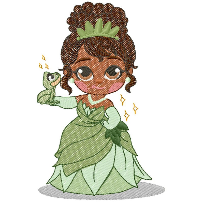 May include: An embroidered cartoon princess in a green dress, holding a small green frog. The princess has brown hair, a green crown, and sparkling accents. The design has a stitched texture.