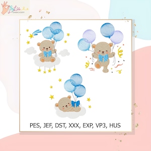 Pode incluir: Um design de bordado com três ursinhos com balões e laços azuis. Um urso está sentado numa nuvem, outro dança e o terceiro está deitado. O design inclui estrelas amarelas e o texto "PES, JEF, DST, XXX, EXP, VP3, HUS".