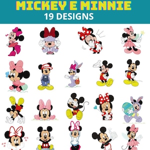 Puede incluir: Una imagen que muestra 19 diseños diferentes de Mickey y Minnie Mouse. Las ilustraciones representan a los personajes en varias poses y disfraces. El texto en la parte superior dice "MICKEY E MINNIE" y "19 DESIGNS".