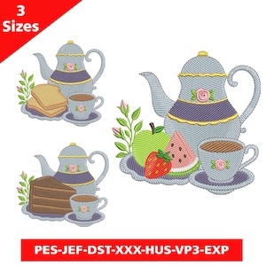 Pode incluir: Design bordado com uma chaleira, uma chávena de chá e alimentos como torradas, bolo e fruta. O design inclui o texto "3 Sizes" e "PES-JEF-DST-XXX-HUS-VP3-EXP". A paleta de cores inclui azul, roxo e rosa.