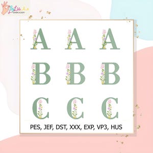 Pode incluir: Um design de bordado digital com as letras A, B e C, cada uma adornada com detalhes florais em rosa, amarelo e verde. As letras são de uma cor verde suave. O design inclui o texto "PES, JEF, DST, XXX, EXP, VP3, HUS".