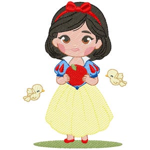May include: An embroidered cartoon character with dark hair, a red bow, and a yellow dress, holding a red apple. Two small yellow birds are on either side of the character. The design is on a green base.