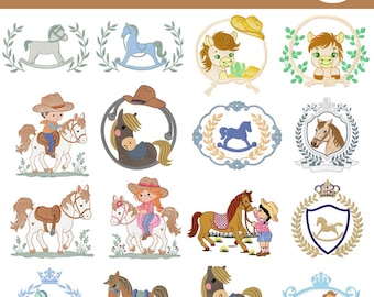 Paquete de diseños de bordado de caballos | Lindos caballos de granja y vaqueros | Archivos de bordado a máquina | 32 diseños