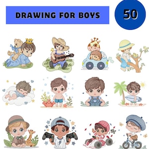 May include: An image with the text "DRAWING FOR BOYS" and the number "50" in a blue circle. The image features 12 cartoon illustrations of young boys in various settings, including playing guitar, driving a car, and riding a bicycle.