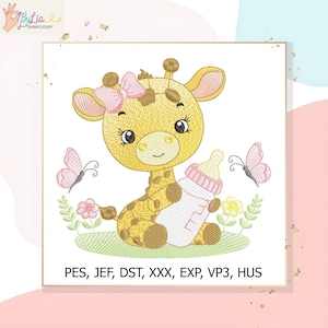 May include: An embroidered design featuring a cute giraffe with a pink bow, holding a baby bottle. Two pink butterflies and flowers surround the giraffe. The design includes the text: PES, JEF, DST, XXX, EXP, VP3, HUS.