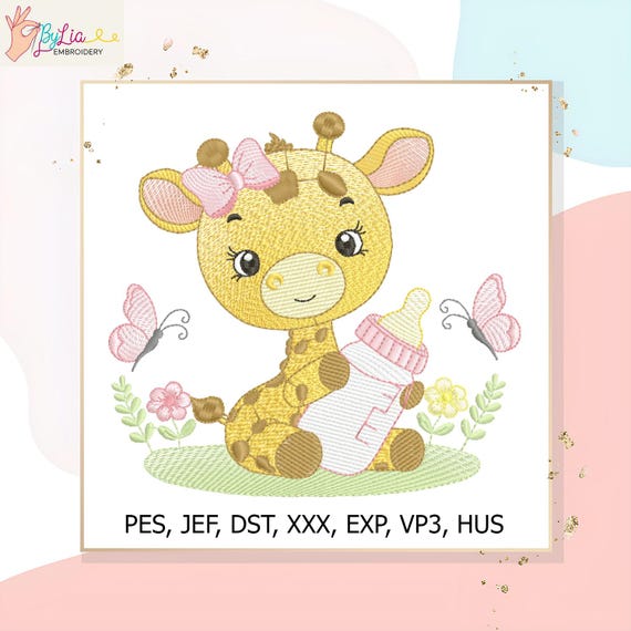 Baby Giraffe Embroidery Design with Bottle – Cute Girl Nursery Machine Embroidery File