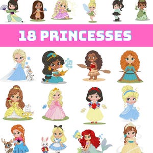 May include: A collection of 18 cartoon princess illustrations, each in a unique pose and outfit. The princesses are depicted with various skin tones, hair colors, and accessories. A pink banner across the center reads "18 PRINCESSES" in white block letters.