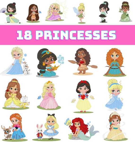 18 Princess Embroidery Designs Bundle – Fairy Tale Machine Embroidery Files for Baby Girl Clothes, Towels, Nursery – Instant Download