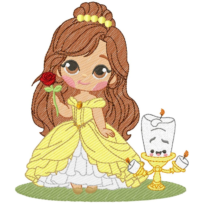 May include: An embroidered design of a cartoon princess in a yellow dress holding a red rose. A golden candelabra with a smiling candle is to the right of the princess. The design is set on a green oval.