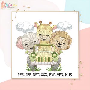 Könnte beinhalten: Gesticktes Design mit einem lächelnden Elefanten, einer Giraffe und einem Löwen in einem grünen Jeep. Das Design umfasst hellblaue Wolken und grünes Gras. Der Text "PES, JEF, DST, XXX, EXP, VP3, HUS" befindet sich unten.