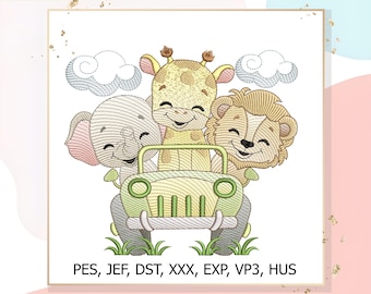 Safari Baby Embroidery Design – Cute Jungle Animals in Car – Machine Embroidery Files – 7 Sizes – pes jef dst xxx exp vp3 hus