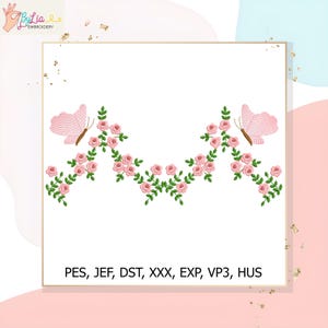 Diseño de bordado con borde floral de mariposas – Patrón de bordado a máquina de guirnalda de rosas – Descarga instantánea