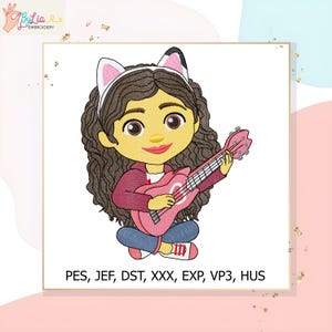 May include: An embroidery design featuring a cartoon girl with brown curly hair, wearing cat ears and holding a pink guitar. She is wearing a red jacket, white shirt, and blue jeans. The design includes the text "PES, JEF, DST, XXX, EXP, VP3, HUS".