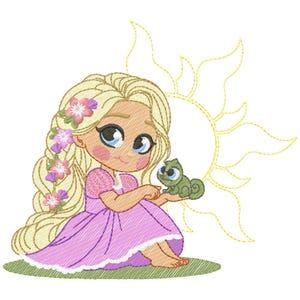 May include: An embroidered image of a cartoon girl with long blonde hair decorated with pink and purple flowers, wearing a pink dress. She is sitting on green grass and holding a green chameleon. A yellow sun is in the background.