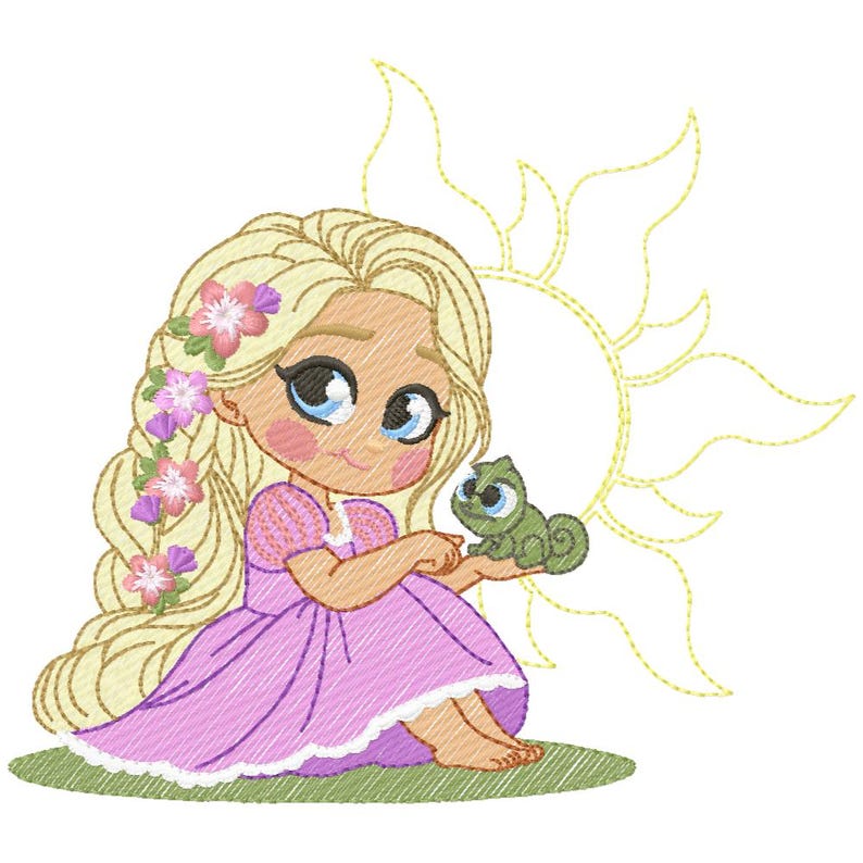 May include: An embroidered image of a cartoon girl with long blonde hair decorated with pink and purple flowers, wearing a pink dress. She is sitting on green grass and holding a green chameleon. A yellow sun is in the background.
