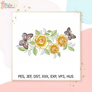 Butterfly & Yellow Rose Embroidery Design | Floral Machine Embroidery Pattern | Instant Download