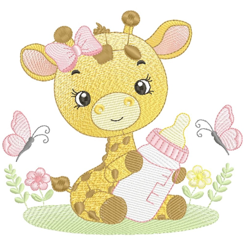 May include: Embroidered design of a baby giraffe holding a pink and white baby bottle. The giraffe has a pink bow and is surrounded by butterflies and flowers. The design is on a green background.