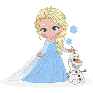 May include: An embroidered design featuring Elsa from Frozen, in a light blue dress with a long cape, and Olaf the snowman. Elsa has blonde hair in a braid, and the image includes blue snowflakes.