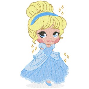 May include: An embroidered design of a cartoon princess in a light blue ball gown. The princess has blonde hair in a bun with a blue headband, blue eyes, and rosy cheeks. Gold sparkles surround her.