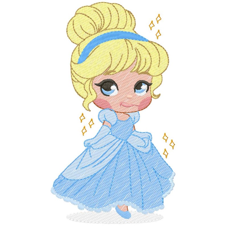 May include: An embroidered design of a cartoon princess in a light blue ball gown. The princess has blonde hair in a bun with a blue headband, blue eyes, and rosy cheeks. Gold sparkles surround her.