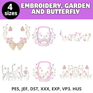 Pode incluir: Desenhos de bordado digital com motivos florais e borboletas. Os desenhos incluem um laço, molduras e arranjos florais em rosa e verde. A imagem inclui o texto "EMBROIDERY, GARDEN AND BUTTERFLY" e "4 sizes".
