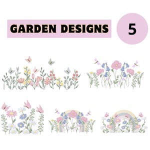 Conjunto de diseños de bordado para bordes de flores de jardín: 5 patrones florales primaverales con mariposas. Bordado a máquina.